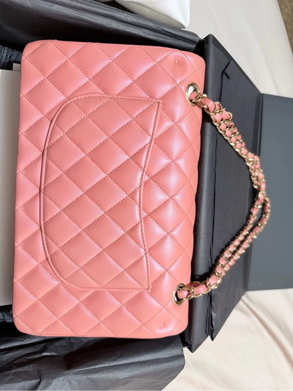 CHANEL Quilted Shoulder Bag in Coral Pink with Gold Hardware